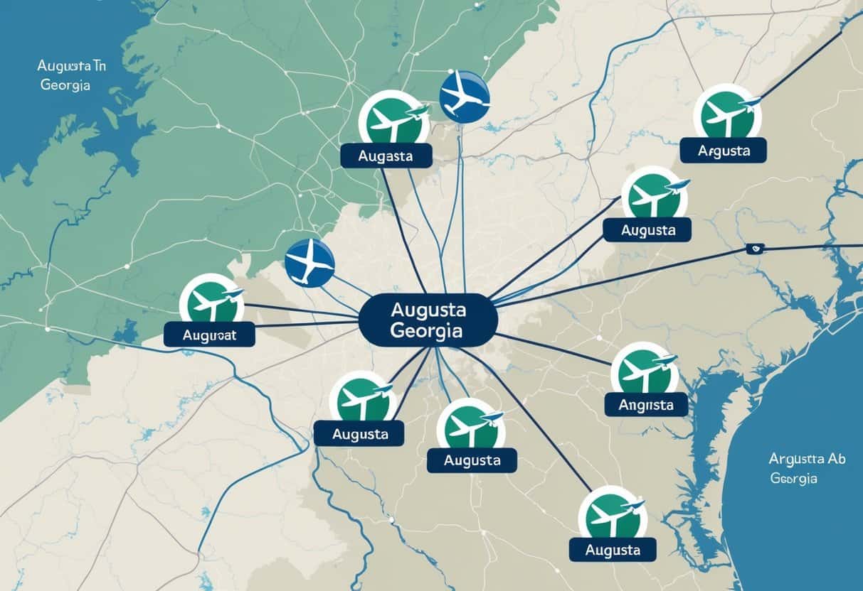 A map showing Augusta, Georgia, and nearby airports connected by flight paths, illustrating alternative airports for handling cancelled flights.