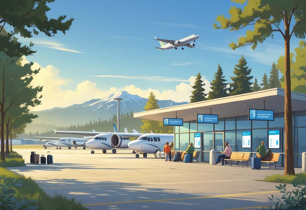A calm regional airport in Bend, Oregon with airplanes on the tarmac, travelers waiting peacefully, and mountains and pine trees in the background.