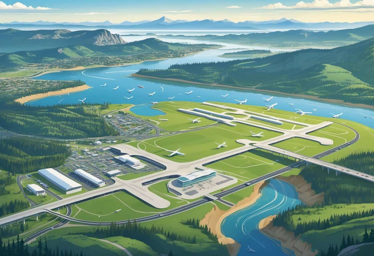 A detailed aerial view of Bend, Oregon, and nearby airports with runways, terminals, airplanes, mountains, forests, and connecting roads.