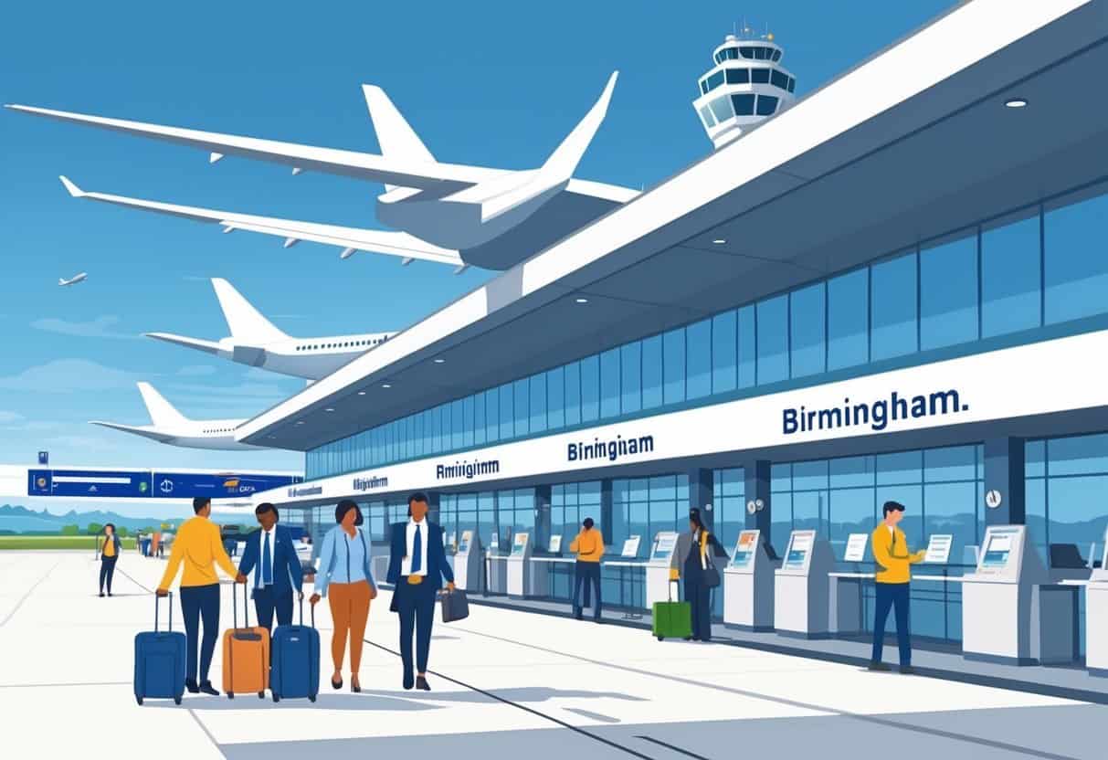 A busy airport terminal with passengers and staff, airplanes on the runway, and airport facilities in the background.