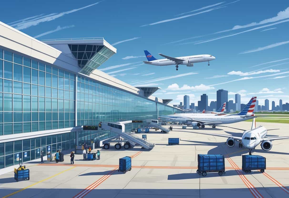 A busy airport terminal with airplanes, ground vehicles, travelers, and the Birmingham city skyline in the background.