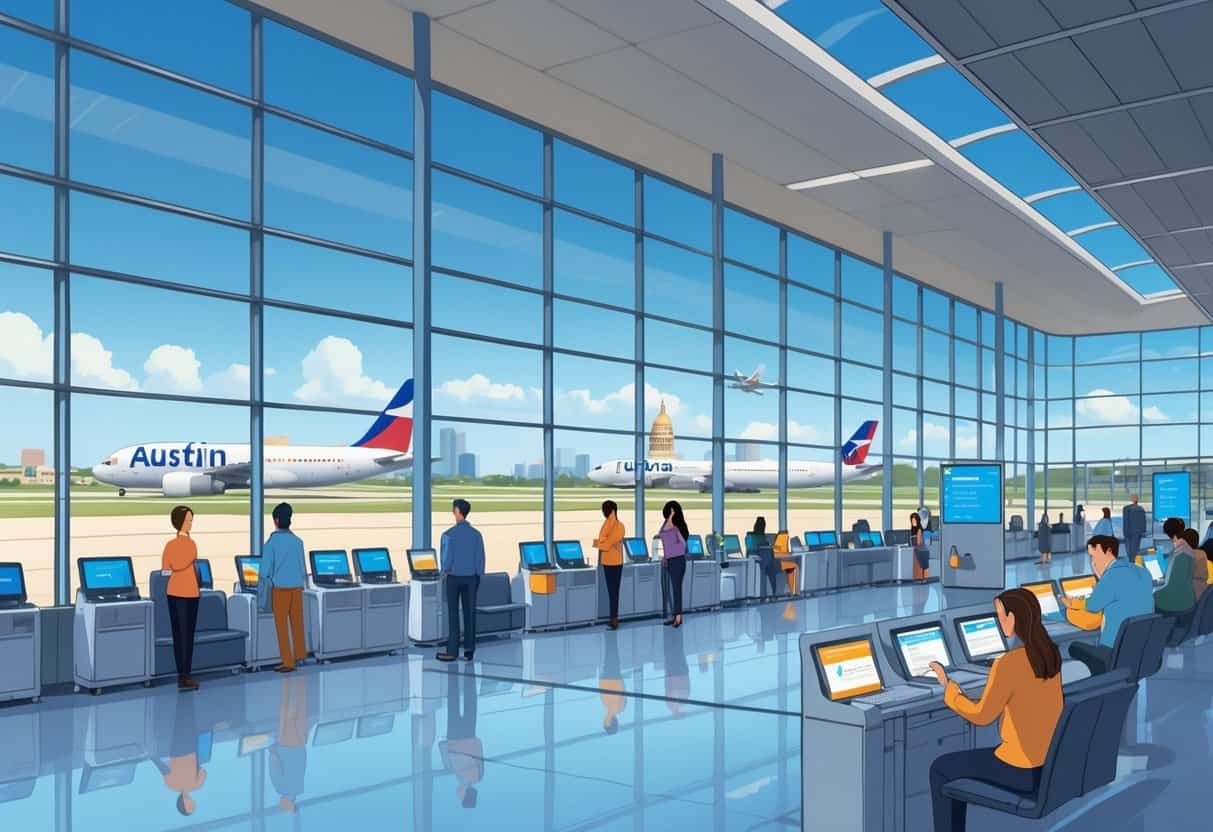 Airport terminal in Austin with passengers and staff calmly interacting, airplanes visible outside, and Austin city landmarks in the background.