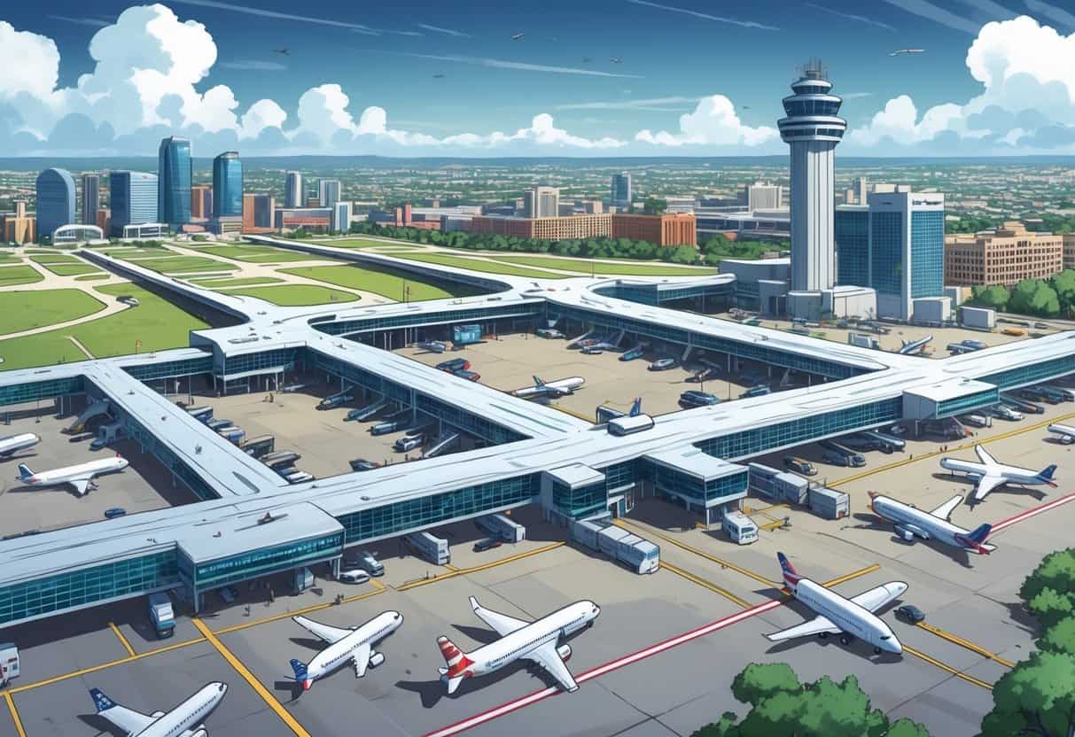 Aerial view of Austin airports with airplanes on the ground and airport staff managing delayed or cancelled flights, with the city skyline in the background.