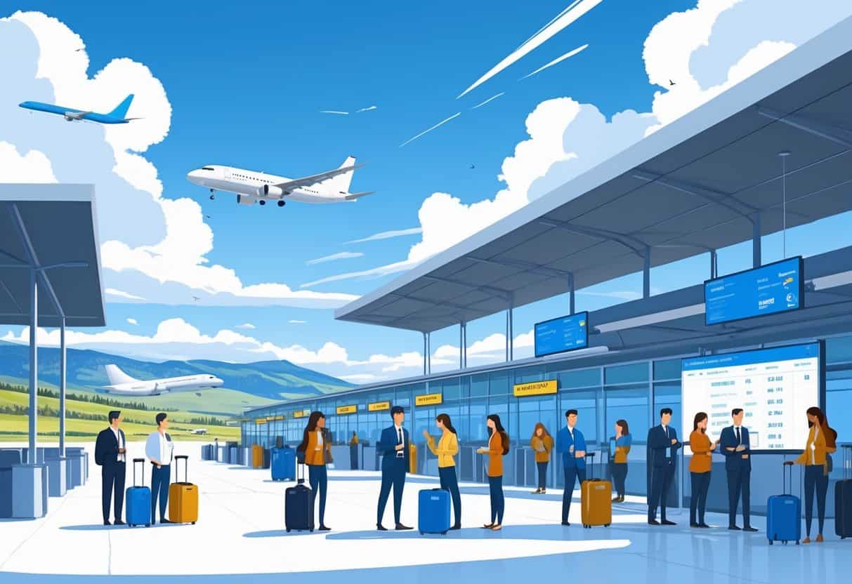 Airport terminal in Billings, Montana with airplanes, travelers with luggage, and staff assisting passengers under a clear sky and mountainous landscape.