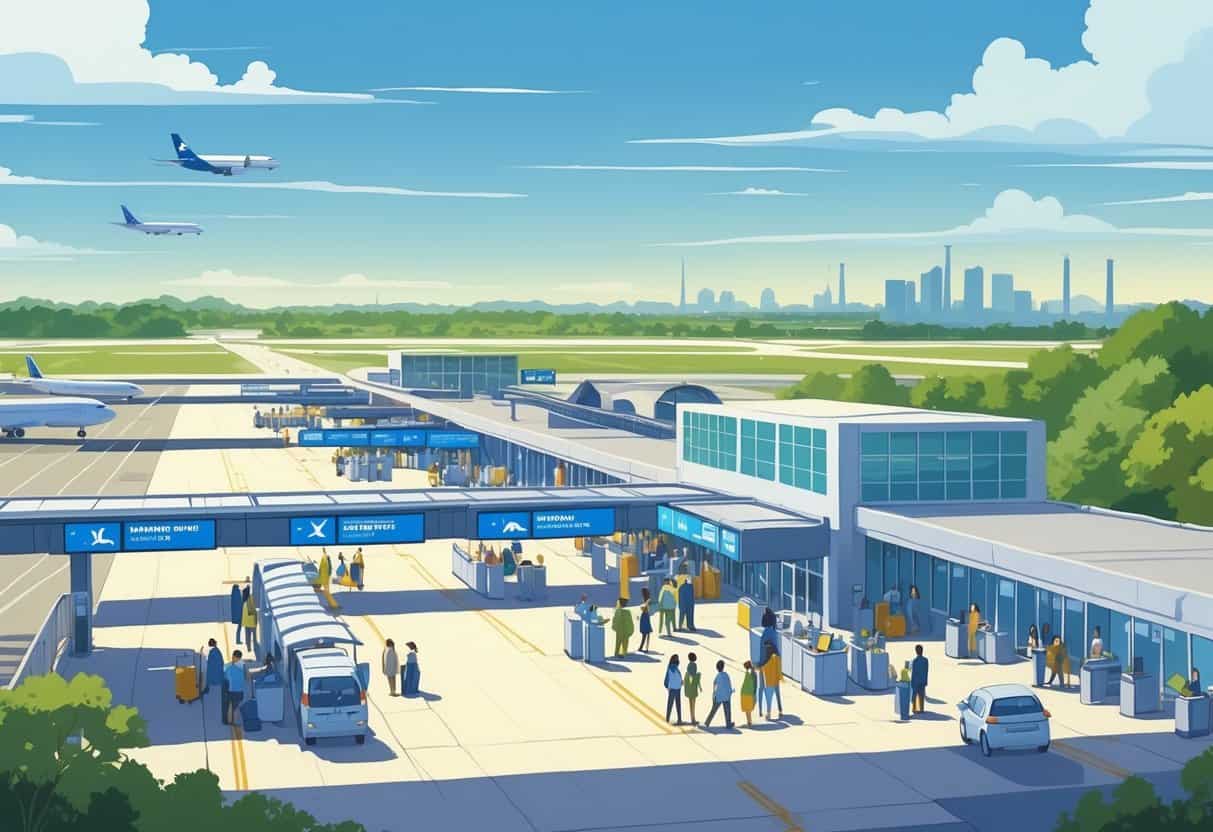 An airport terminal near Beaumont, Texas, showing airplanes on the runway, travelers waiting and being assisted, with the city skyline and trees in the background.