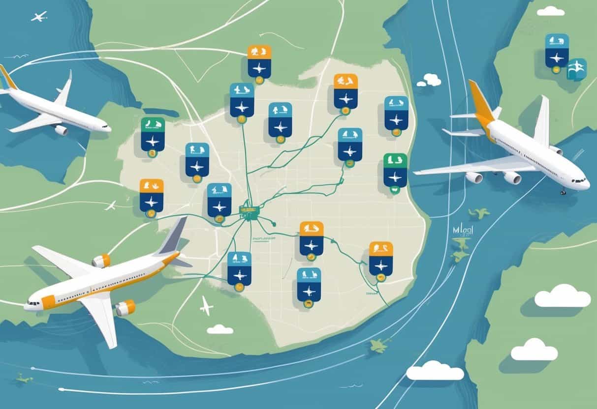 A map showing airports near Beaumont, Texas, with icons representing airports and symbols indicating their suitability for managing cancelled flights.