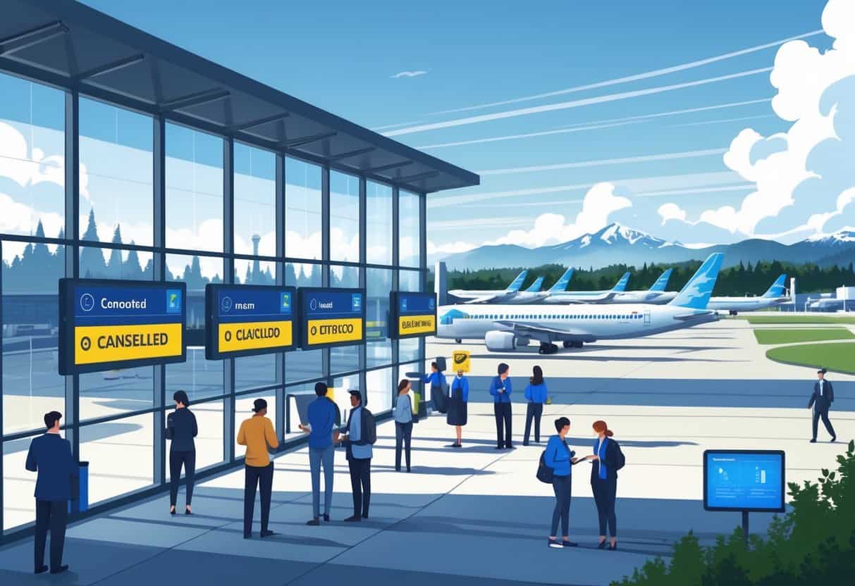 An airport terminal near Bellevue, Washington, showing airplanes at gates and travelers looking at flight information boards with staff assisting them, set against a backdrop of city skyline and mountains.