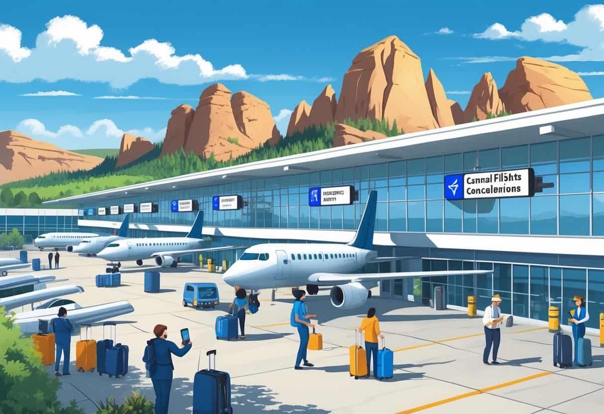 Travelers wait calmly at an airport terminal near Boulder, Colorado, with airplanes at gates and the Flatirons mountains visible in the background.