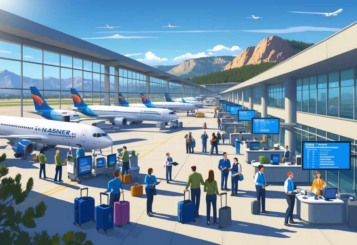 An airport terminal near mountains with travelers and staff assisting passengers during flight cancellations.