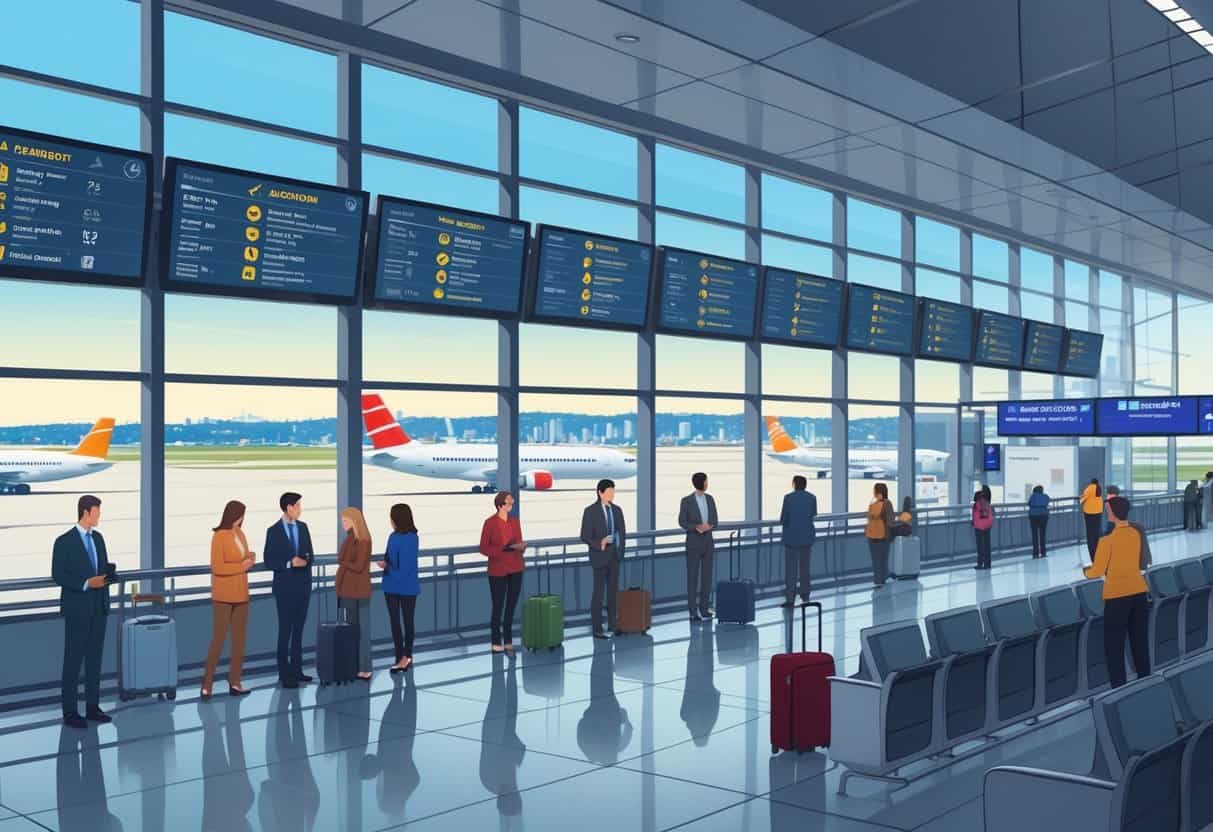 An airport terminal near Bridgeport with travelers waiting and airport staff assisting passengers, airplanes visible outside near a coastal city skyline and a bridge.