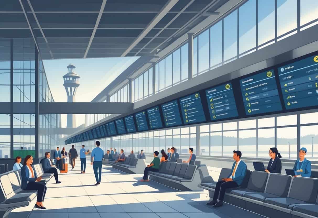 An airport terminal in Berkeley with passengers waiting calmly and staff assisting travelers near large windows showing a city landmark.