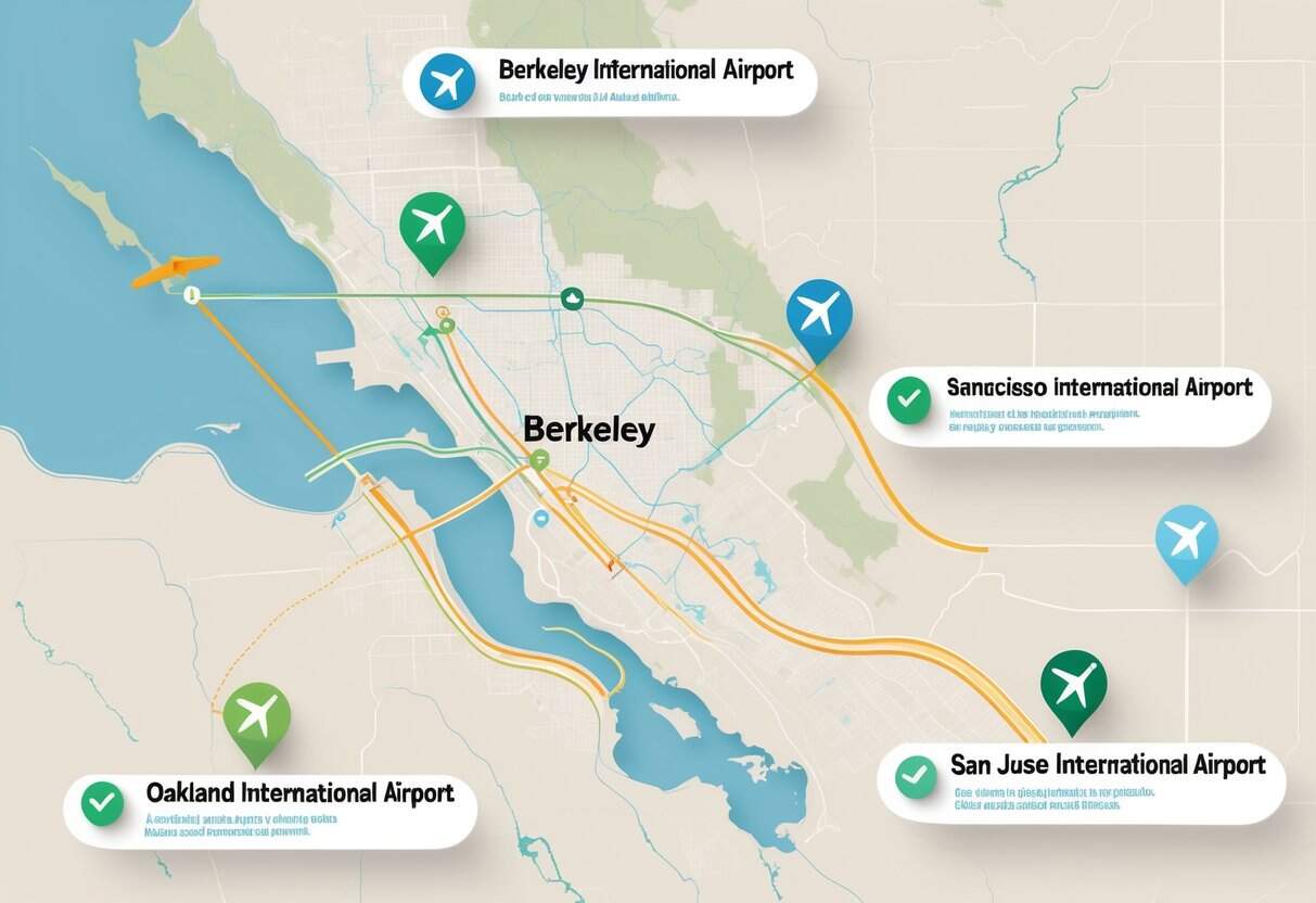 Map centered on Berkeley, California, showing nearby airports with icons and flight paths indicating efficient handling of cancelled flights.