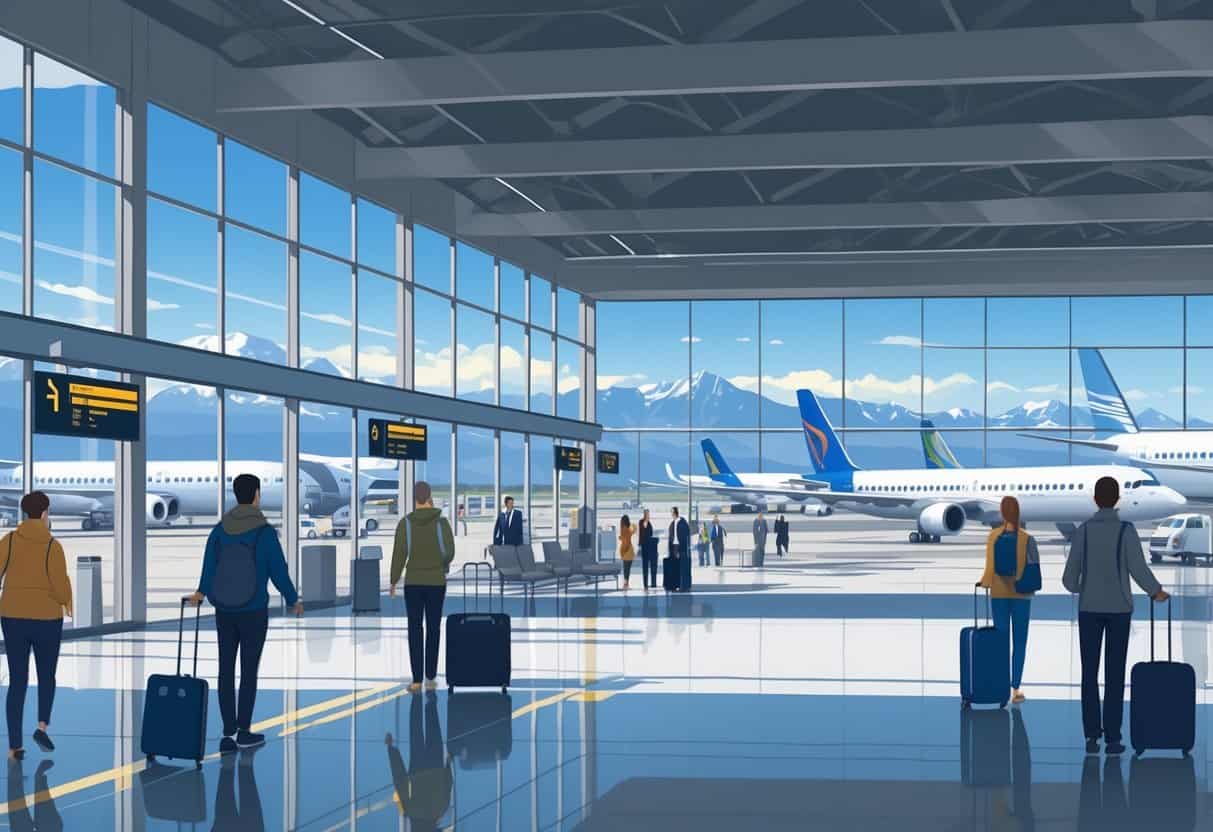 A busy airport terminal in Boise with travelers waiting, airport staff assisting, airplanes on the tarmac, and mountains visible in the background.