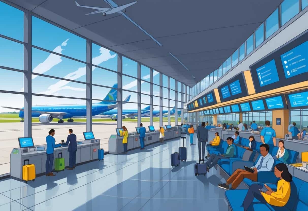 Travelers calmly waiting and interacting with airline staff inside a busy airport terminal with airplanes visible outside.