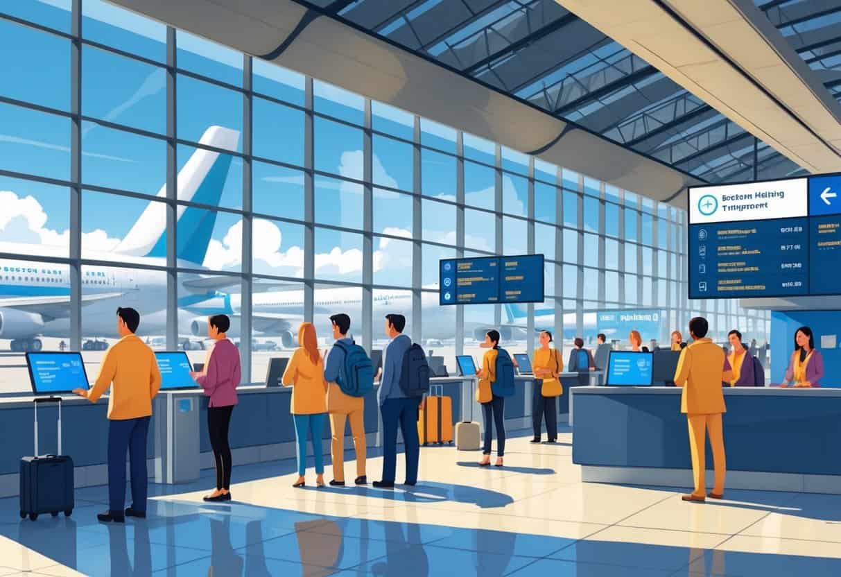 Travelers and airport staff at Boston Logan International Airport navigating flight cancellations with planes visible outside the terminal windows.