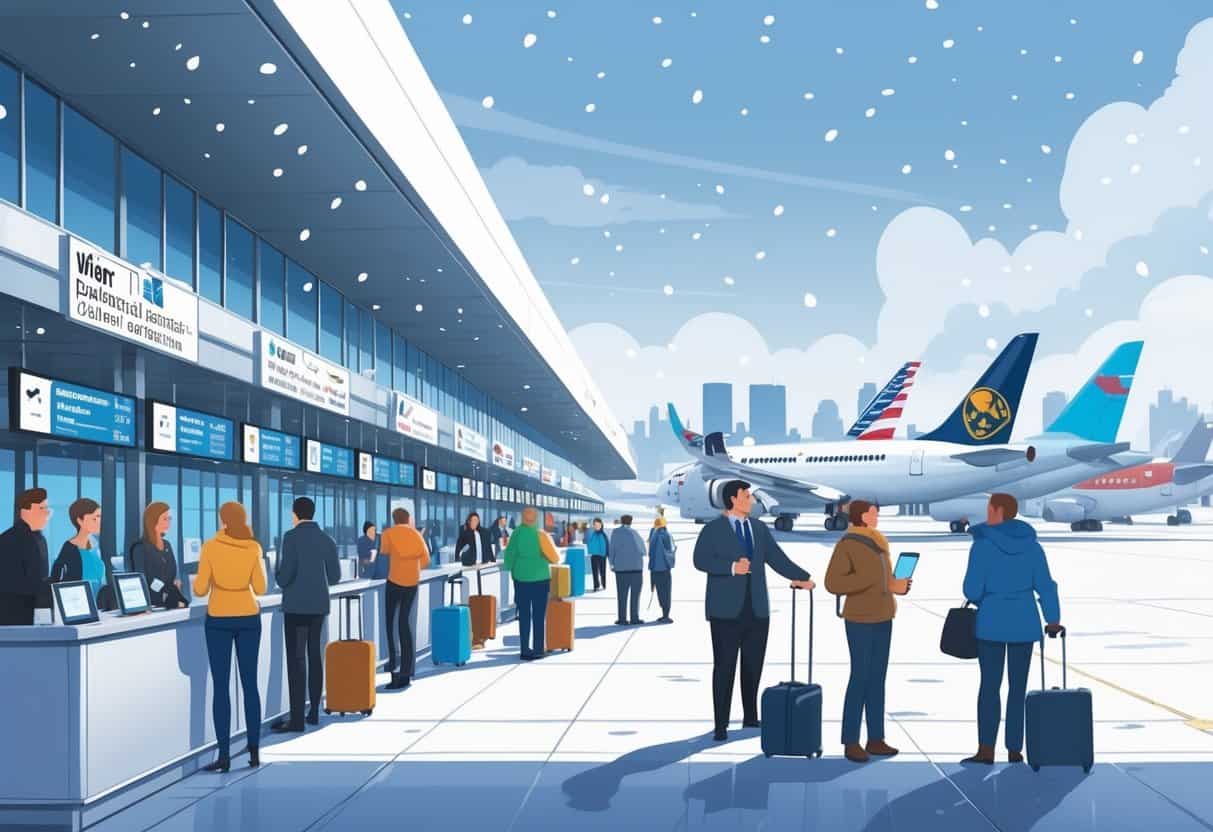 A busy airport terminal in Buffalo, New York, with travelers waiting calmly, airport staff assisting passengers, airplanes parked at gates, and snow falling outside near the city skyline.