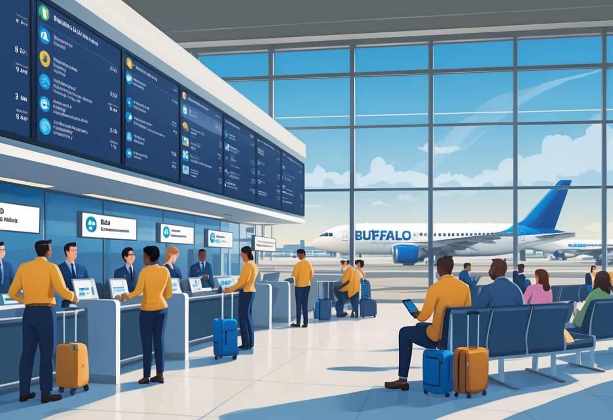 Interior of Buffalo Airport showing staff helping passengers with flight updates and rebooking, passengers waiting calmly, and airplanes visible outside the terminal windows.