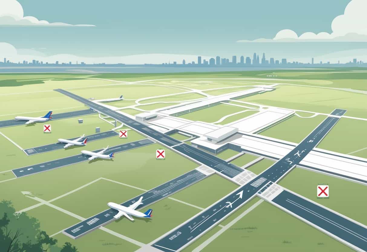 A detailed map of Brownsville, Texas, showing main airports with symbols indicating cancelled flights and a city skyline in the background.