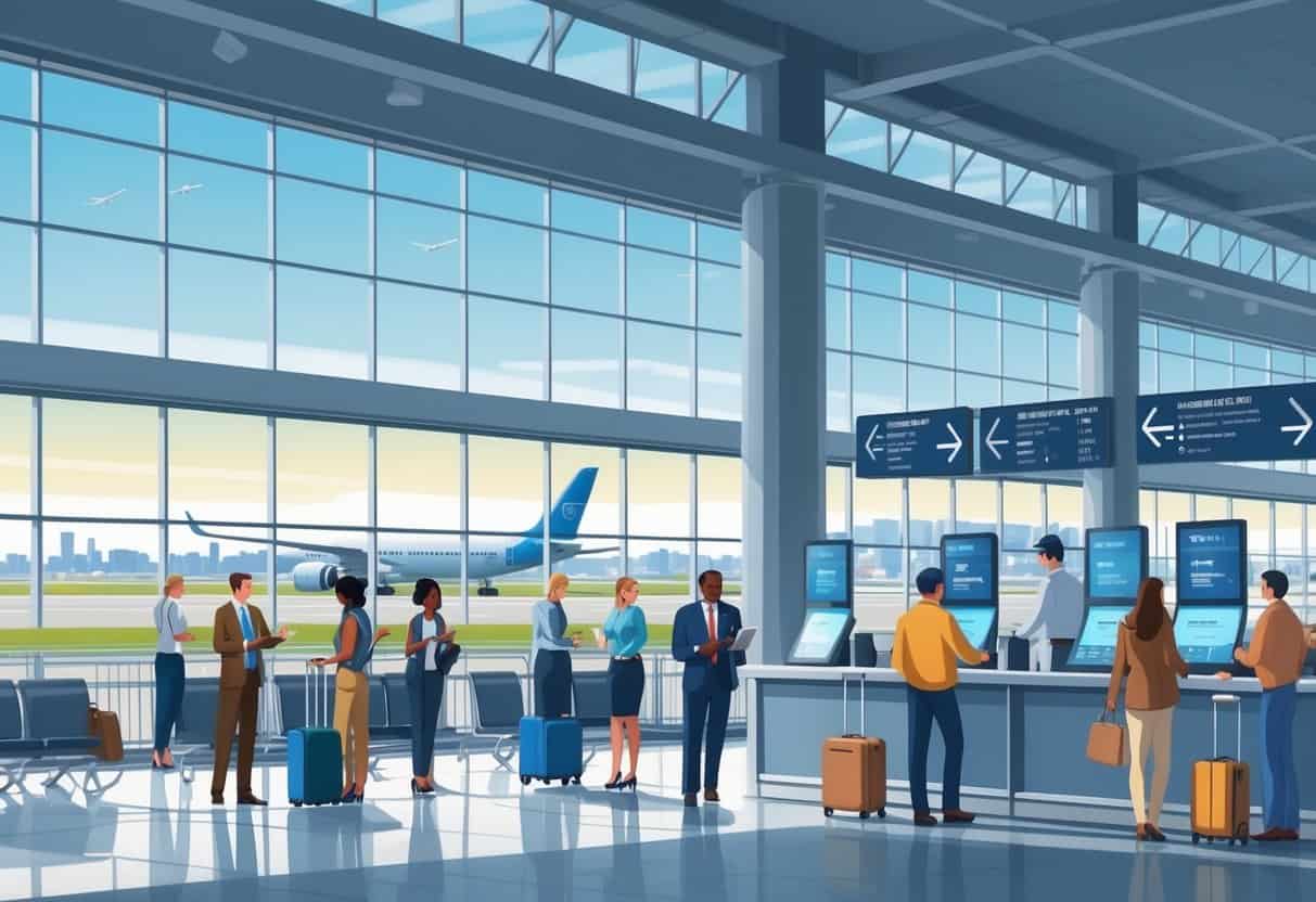 A busy airport terminal with travelers receiving assistance from staff, airplanes outside the windows, and a city skyline in the background.