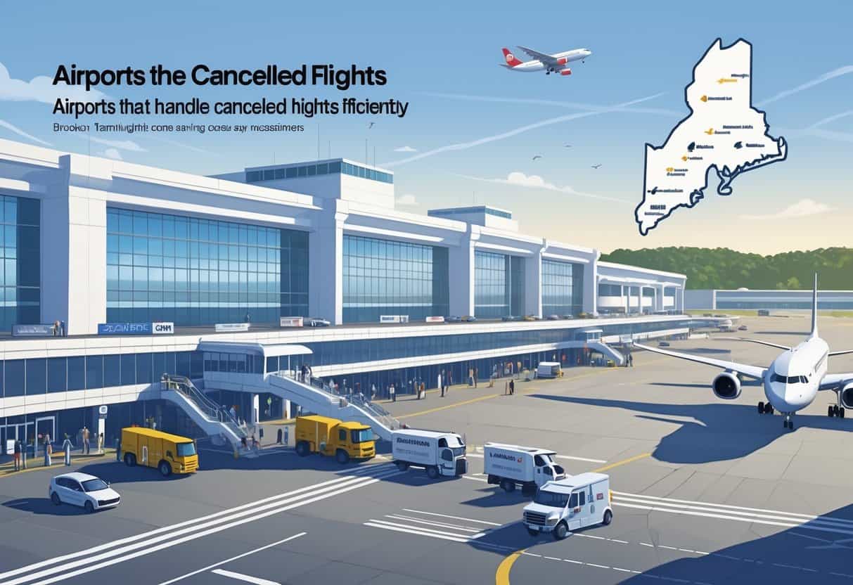 A busy airport terminal near Brockton, Massachusetts, with airplanes, ground vehicles, passengers, and a map showing nearby airports.