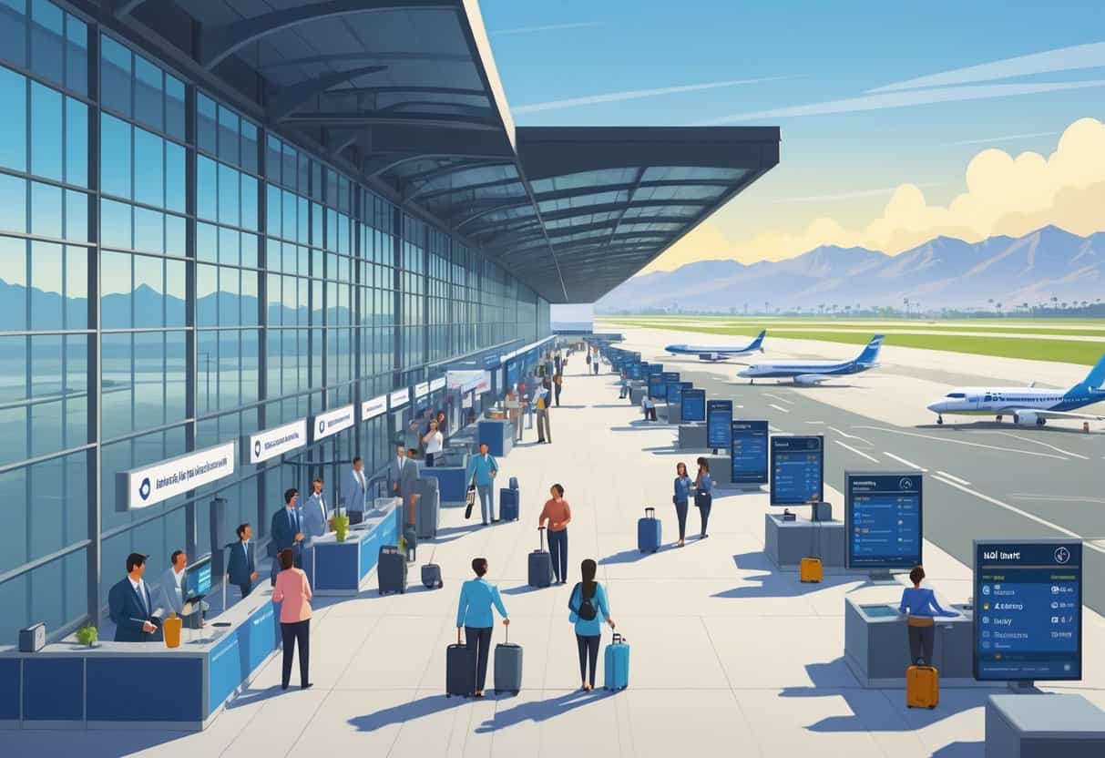 A busy airport terminal in Burbank, California, with travelers waiting, airline staff assisting passengers, planes parked outside, and mountains in the background.