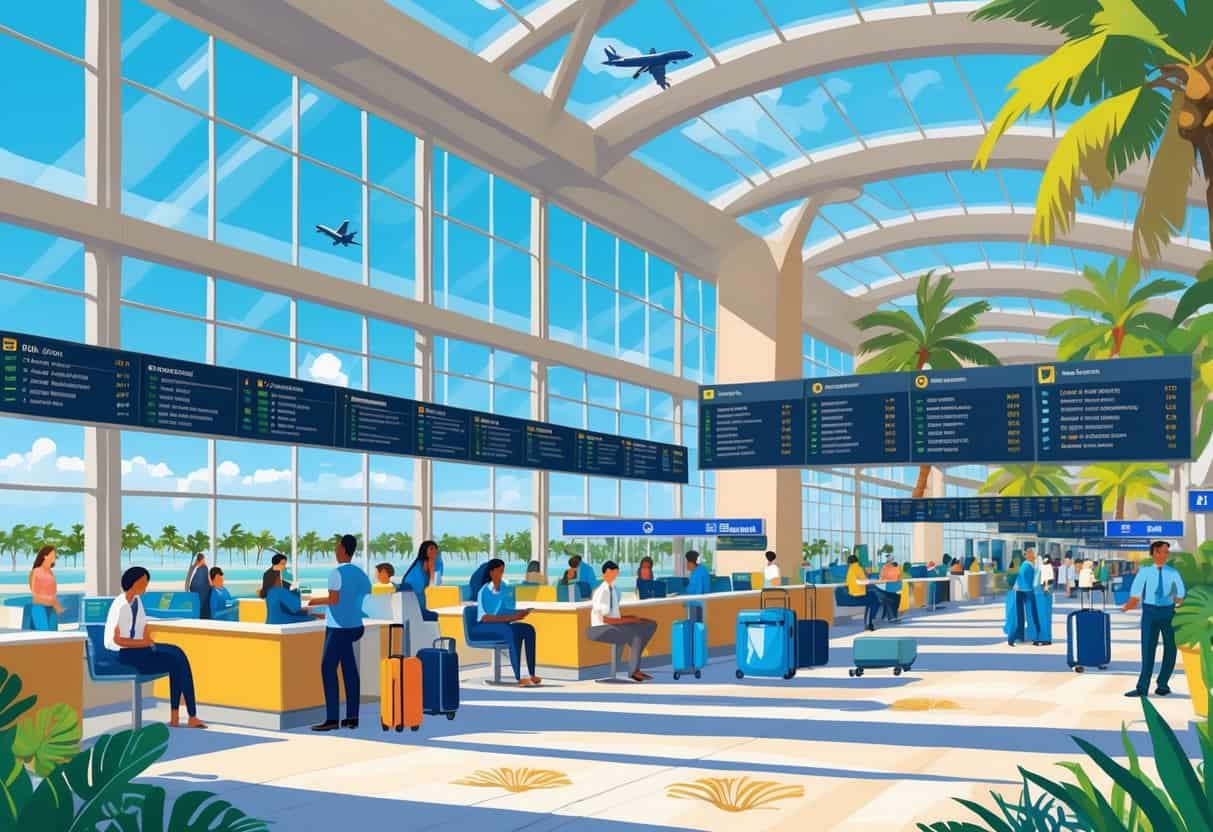 An airport terminal in Cape Coral, Florida, showing passengers calmly waiting and interacting with staff amid visible flight information boards and tropical decorations.