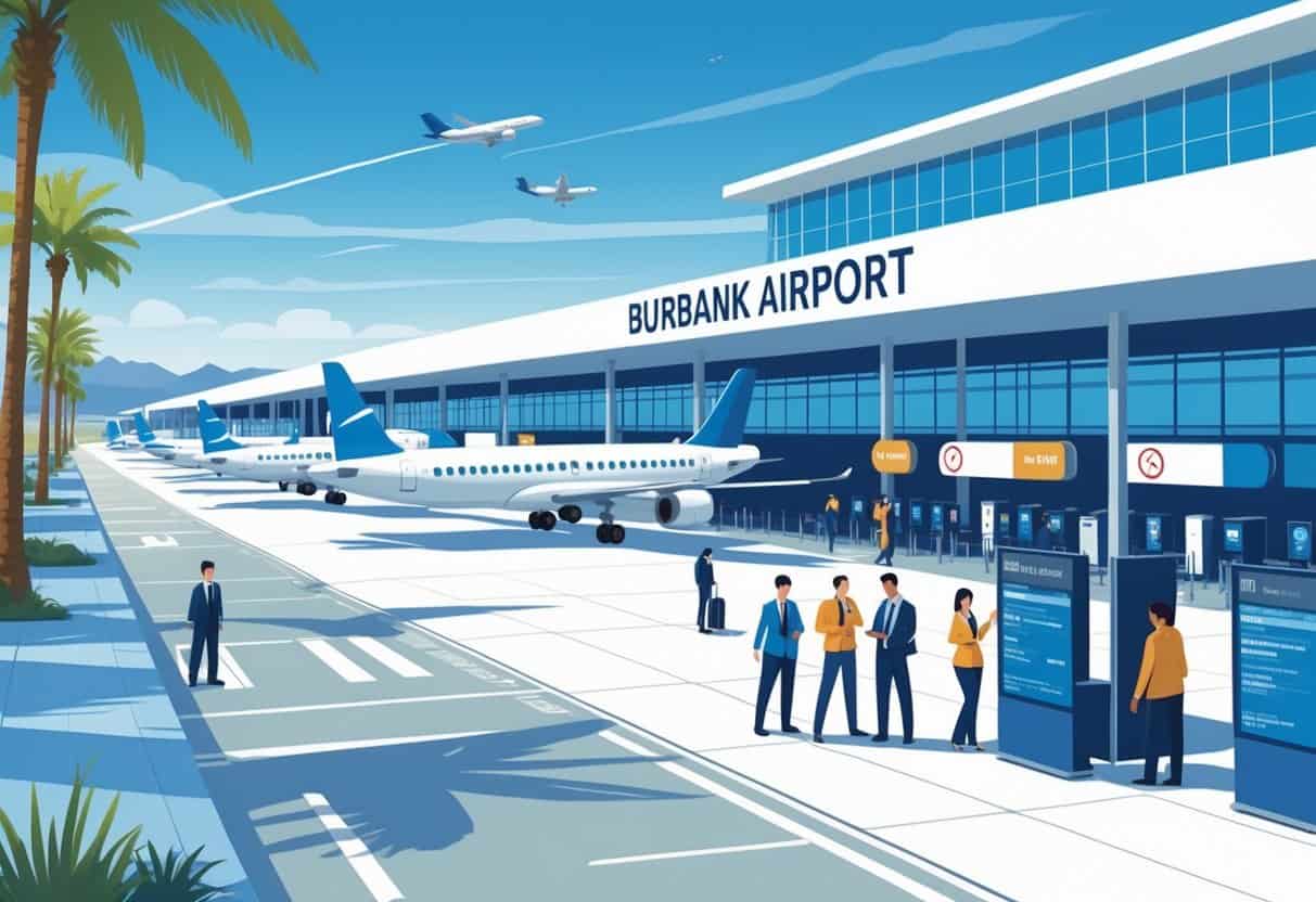 View of an airport terminal with airplanes at gates, passengers waiting, and airport staff assisting travelers under a clear sky with palm trees in the background.