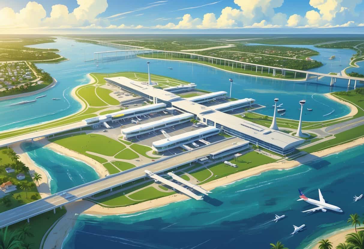 Aerial view of several airports near Cape Coral, Florida, showing terminals, runways, airplanes, and surrounding coastal landscape with waterways and palm trees.