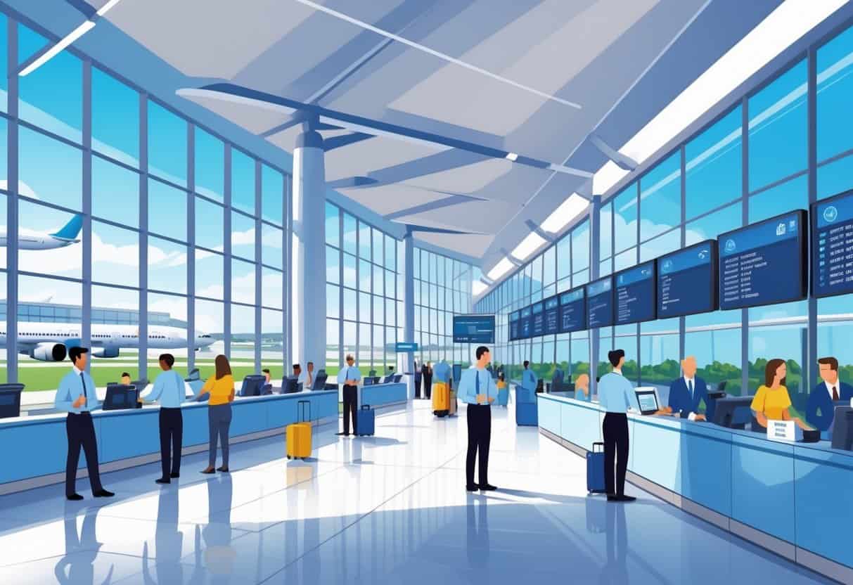 A busy airport terminal in Carmel, Indiana, with passengers interacting with staff and airplanes visible outside through large windows.