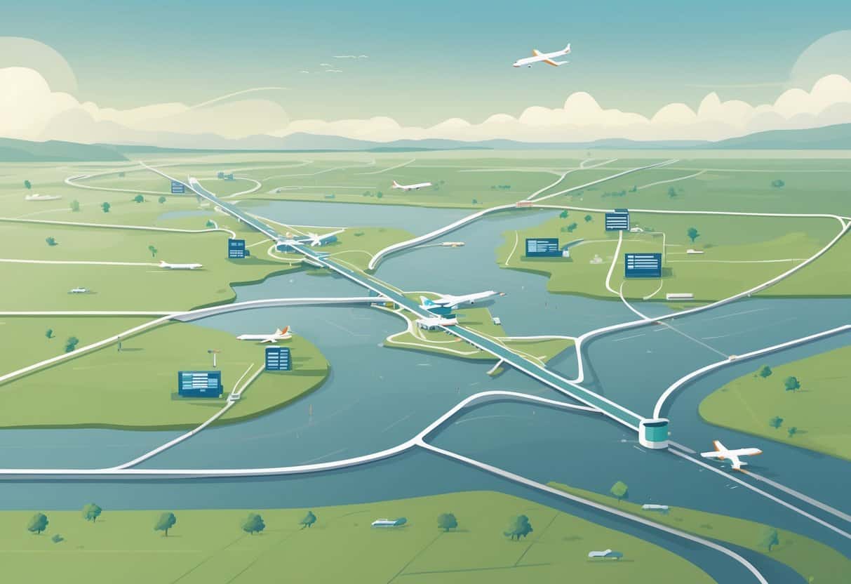 Map showing Carmel, Indiana surrounded by nearby airports connected with lines, with runways and terminal buildings visible, set in a green landscape.