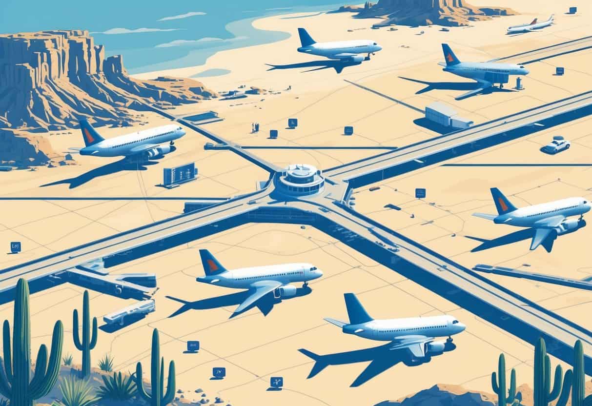 Map showing Buckeye, Arizona with nearby airports marked, surrounded by desert landscape and grounded airplanes indicating flight delays.