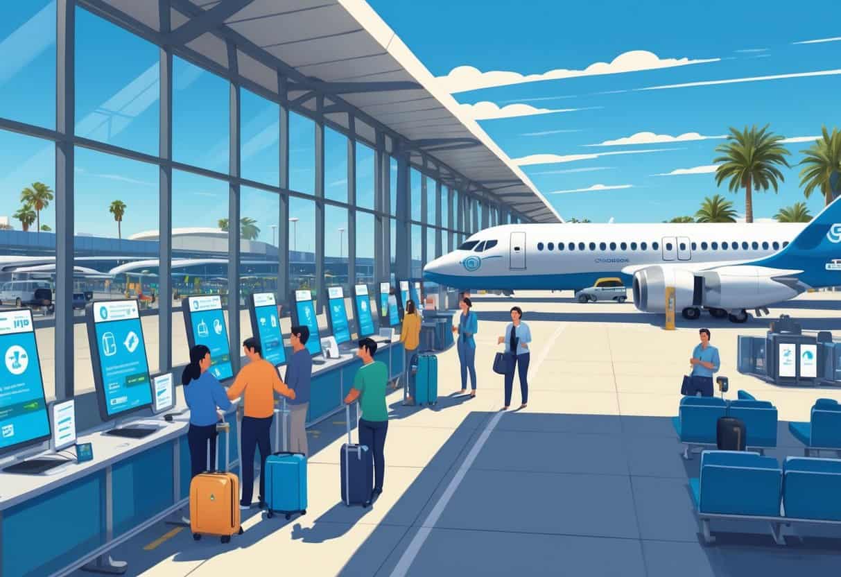 Airport terminal in Carlsbad, California with travelers, airline staff, flight information displays, and an airplane at the gate.