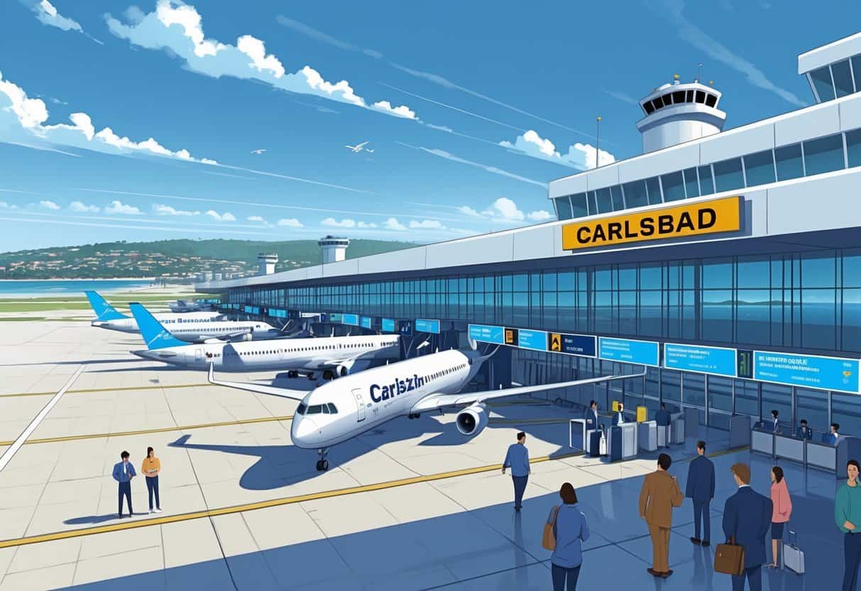 An airport terminal in Carlsbad, California with grounded airplanes and travelers waiting, showing the impact of cancelled flights near the coast.