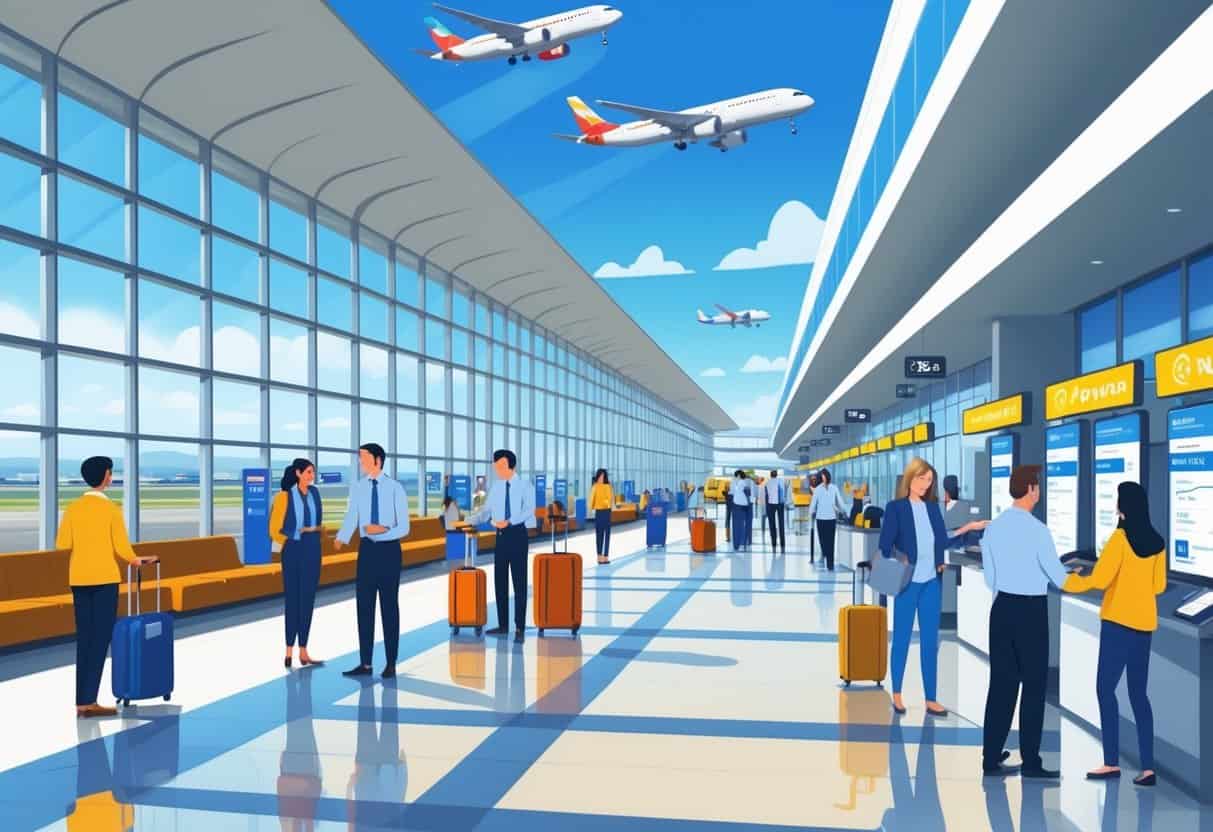 A busy airport terminal with travelers and airline staff assisting passengers, planes visible outside through large windows, and seating areas inside.