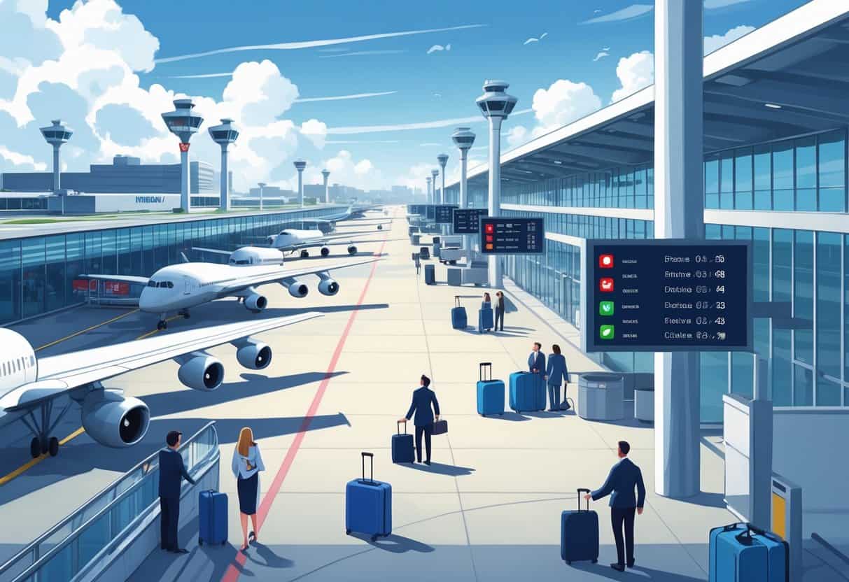 An airport terminal near Carrollton, Texas, showing airplanes at gates, travelers waiting with luggage, and airport staff assisting amid flight delays.
