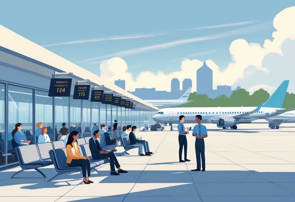 Passengers waiting calmly inside a modern airport terminal with airplanes on the tarmac and Cambridge city landmarks visible in the background.