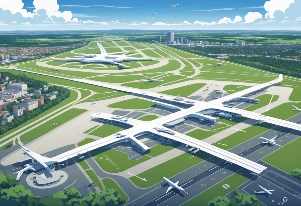 Aerial view of multiple airports near Cambridge, Massachusetts, showing runways, terminals, airplanes, and surrounding cityscape with clear weather.