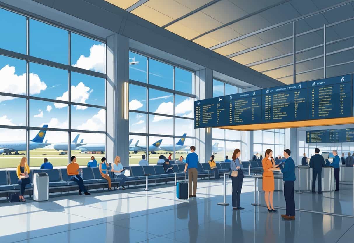 Interior of a busy airport terminal with passengers waiting and airline staff assisting, showing airplanes outside through large windows.