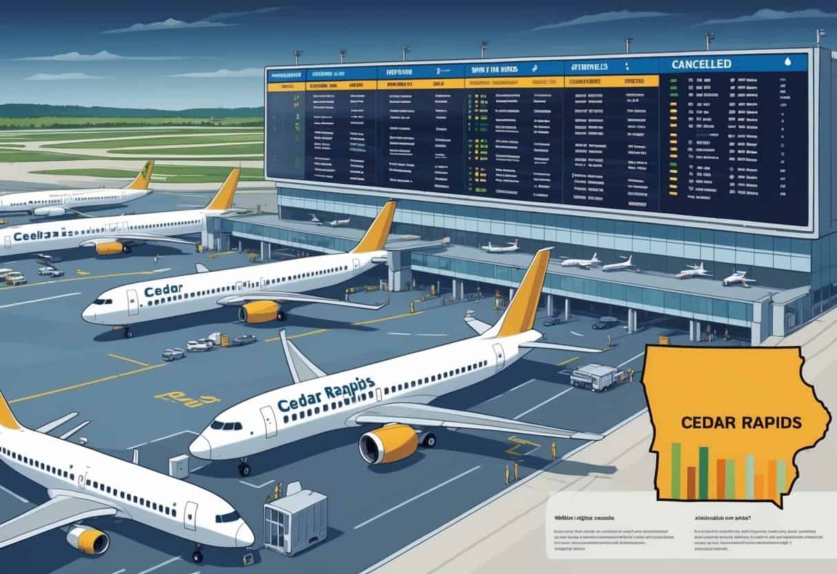 A detailed aerial view of Cedar Rapids airport showing grounded airplanes and a flight information board indicating many cancelled flights, with a map inset highlighting Cedar Rapids and nearby airports.