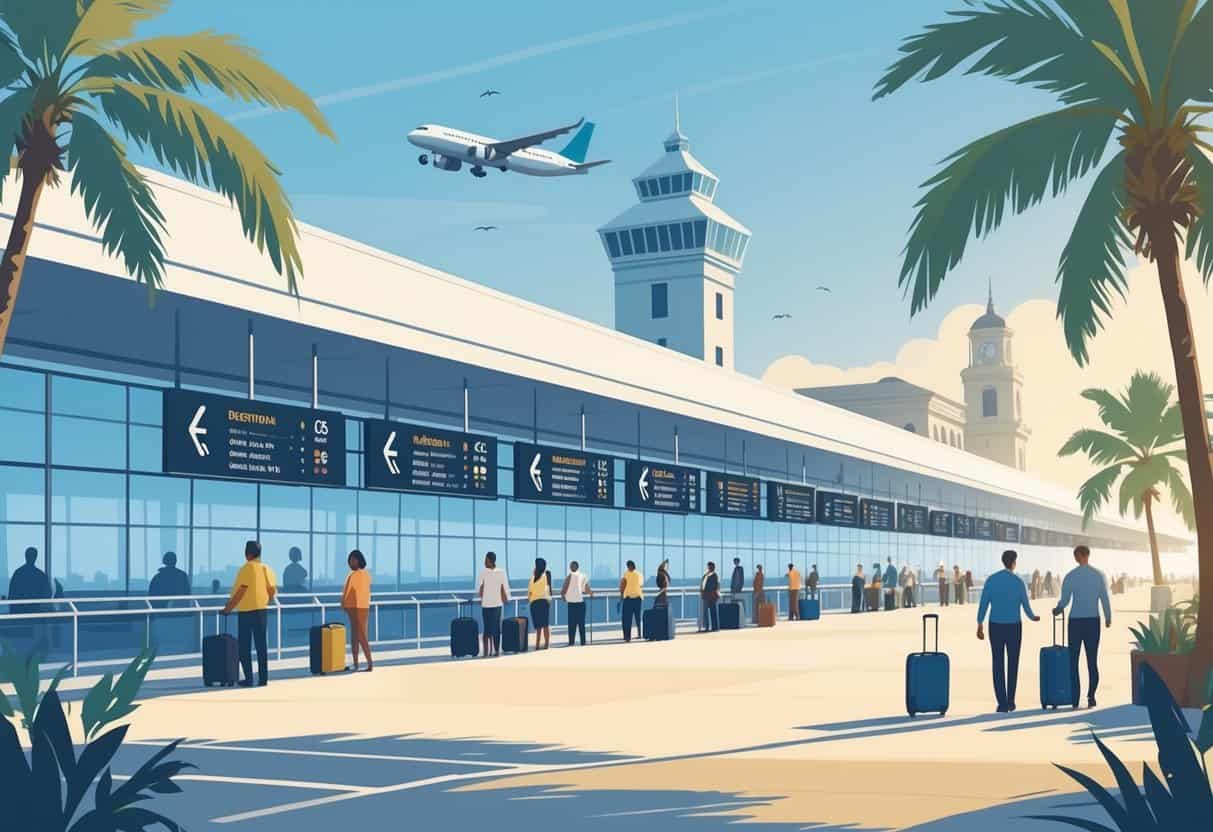 An airport terminal in Charleston, South Carolina with travelers and staff managing flight delays, surrounded by palm trees and coastal buildings.
