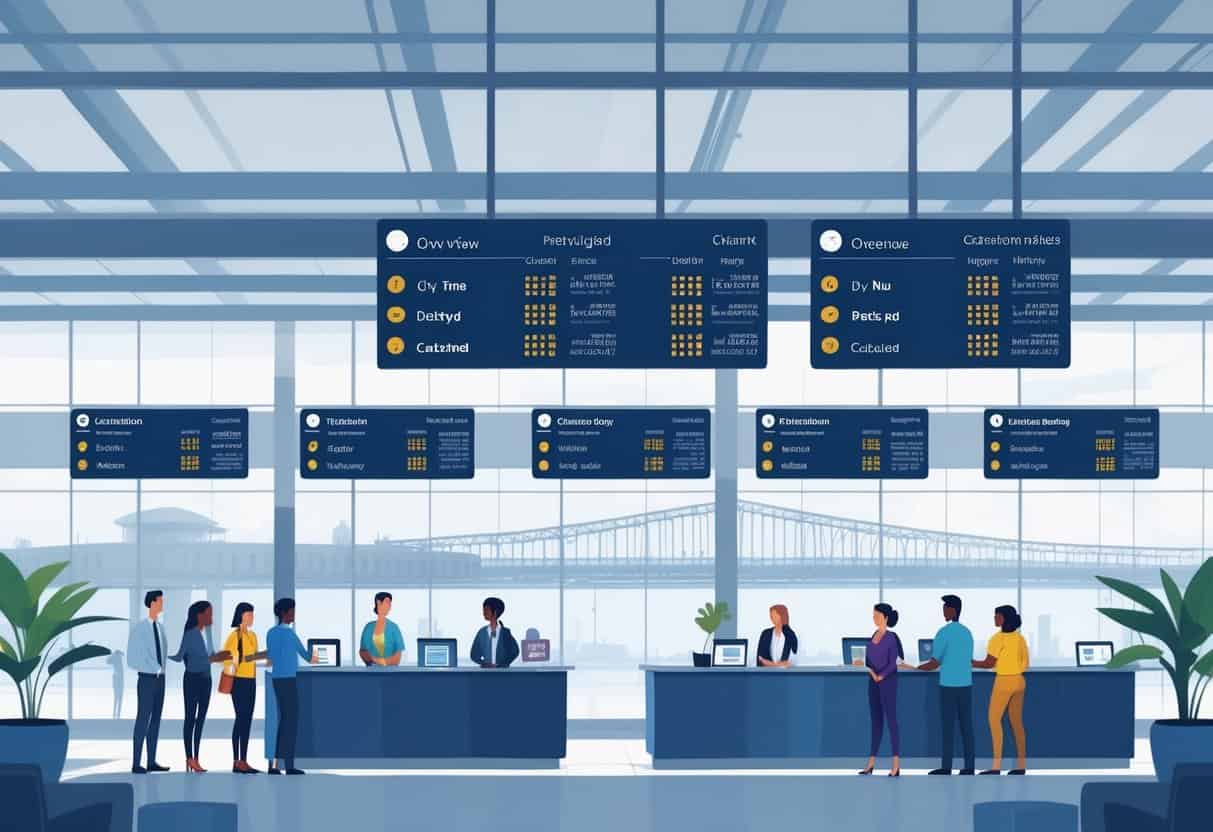 Airport terminal scene showing travelers receiving assistance at a customer service desk with flight status displays and Charleston landmarks in the background.