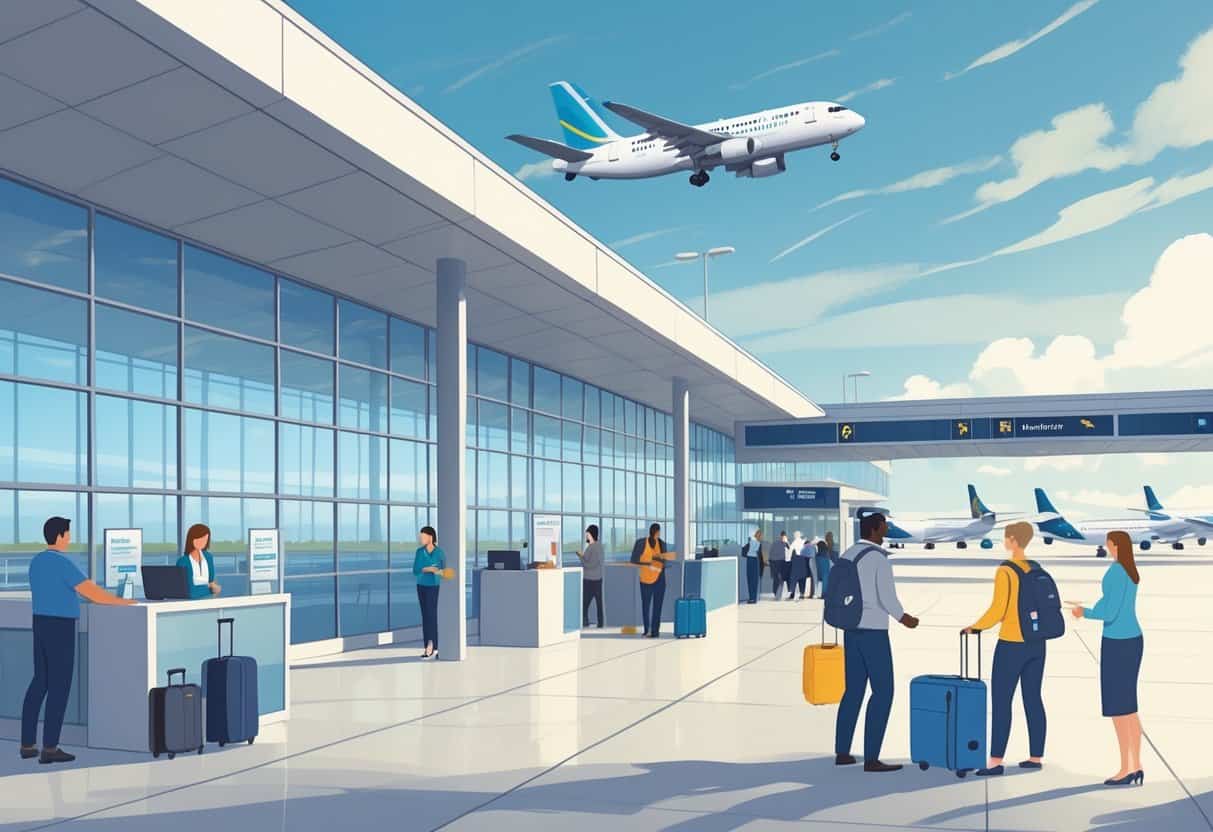 An airport terminal in Chesapeake, Virginia with passengers being assisted by staff near large windows showing airplanes on the tarmac.