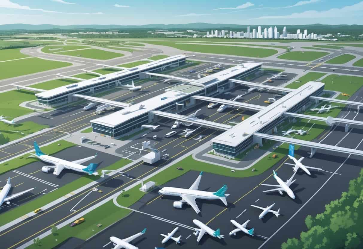 Aerial view of several airports in Chesapeake, Virginia, showing terminals, runways, airplanes, and nearby cityscape with symbols indicating flight cancellations and smooth operations.