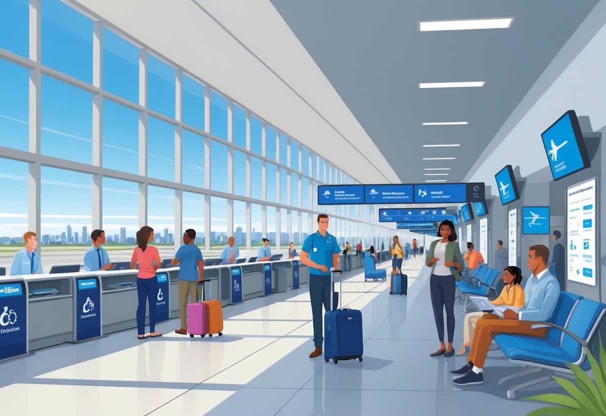 Airport terminal with travelers receiving assistance from staff during canceled flights, showing a calm and organized scene with a view of the city outside.