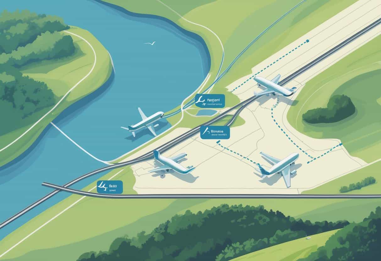 A detailed map showing Cary, North Carolina, surrounded by nearby airports connected by routes, with airplane icons and landscape features.