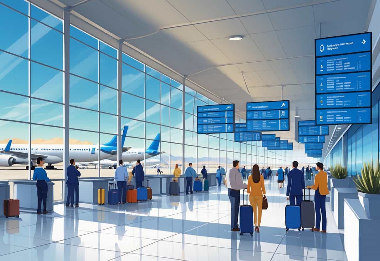 An airport terminal near Chandler, Arizona, showing airplanes at gates, passengers with luggage, airline staff, and a clear sky with desert mountains in the background.