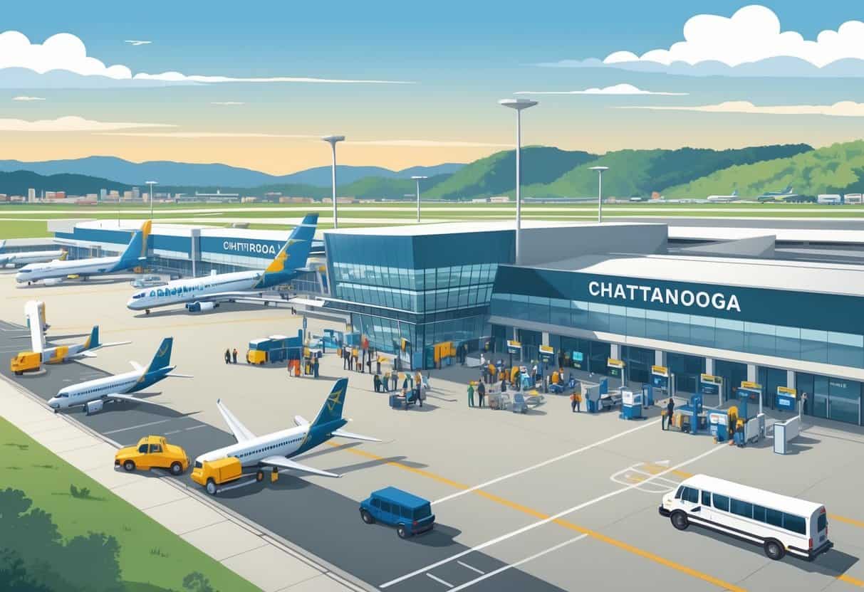 Airport terminal in Chattanooga with airplanes at gates, travelers waiting calmly, and airport staff assisting, with the city skyline and river in the background.
