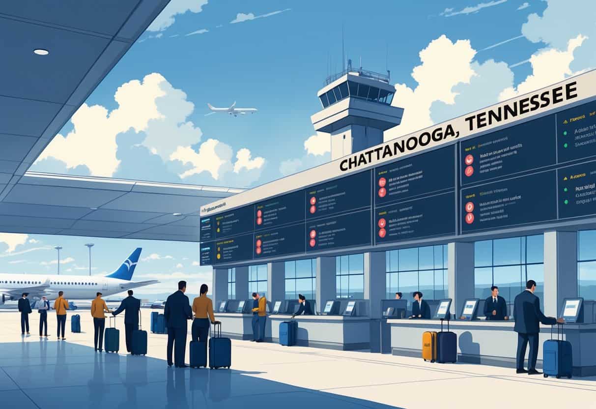 An airport terminal with travelers and airline staff, flight information boards showing some cancelled flights, airplanes at gates, and a control tower in the background.