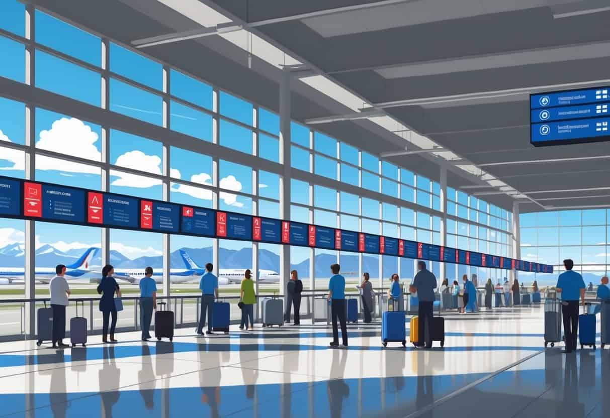 An airport terminal in Centennial, Colorado, showing passengers waiting and looking at flight information boards indicating cancelled flights, with airplanes visible outside.