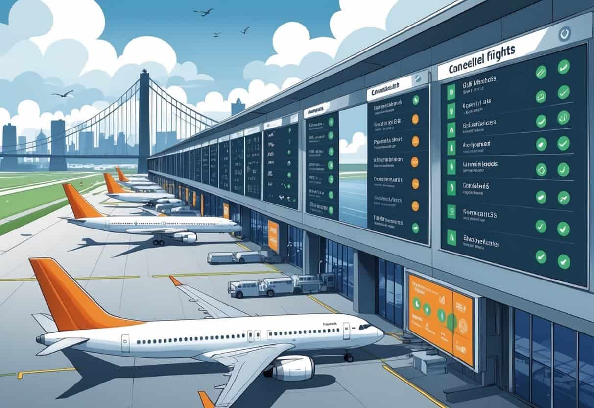 An airport scene at Cincinnati with airplanes on the ground, runways, and the city skyline in the background, showing some flights cancelled due to weather conditions.